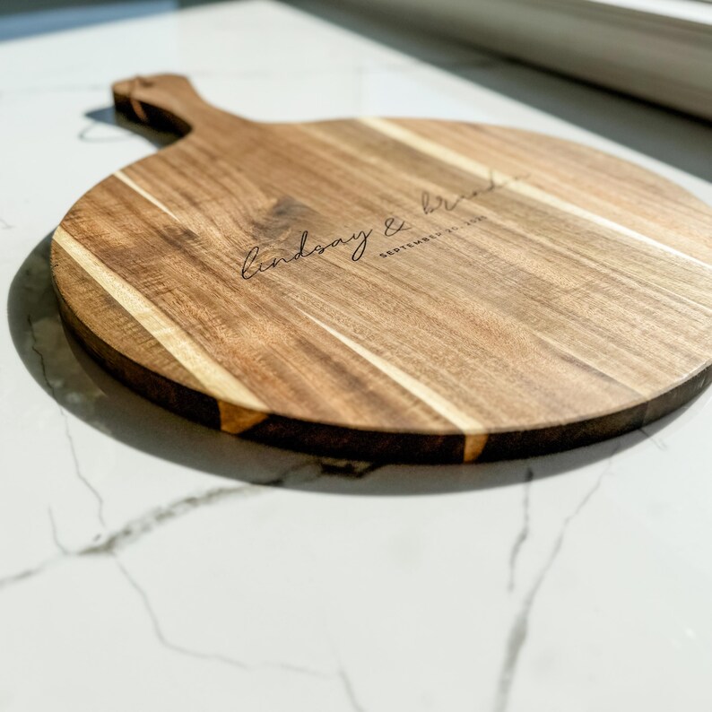 Personalized Cutting Board Custom Wedding Serving Board Acacia Wood Large Cheese Board Wedding Gift Wooden Board Handle Design Engraved Names Personalized Kitchen Decor Modern Farmhouse Style Display Piece Entertaining