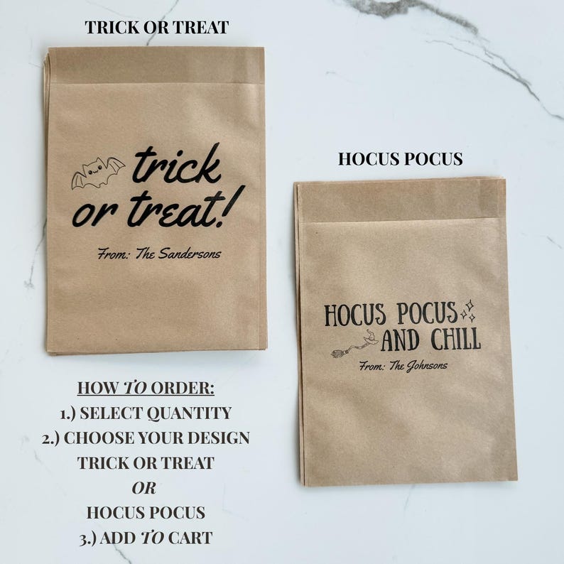 May include: Two rectangular brown paper bags featuring black printed text. The left bag displays a bat graphic and the text trick or treat! From: The Sandersons. The right bag features the text HOCUS POCUS AND CHILL with a broom icon.