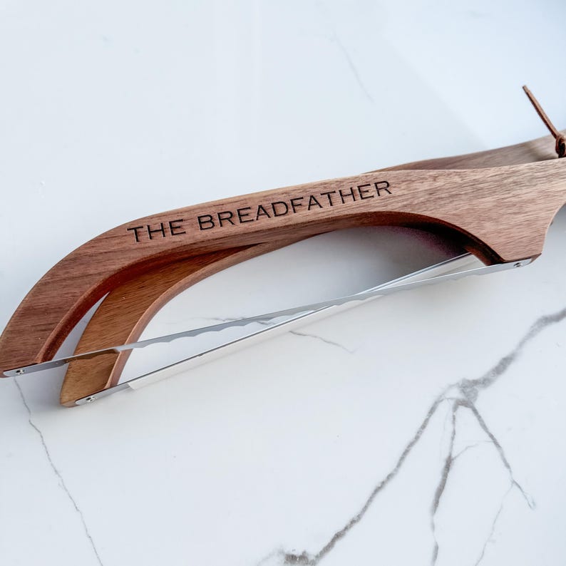 Wooden Bread Knife with Wall MountGift for DadFather's Day Kitchen GiftPersonalized Kitchen Gift for HimGift for GrandpaCustom Engraved Acacia Wood Knife DisplayLeather Hanging SystemKitchen Organization