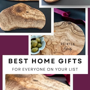 May include: Wooden serving boards with natural edges, engraved with names and dates, and family names. The boards are displayed with olives and figs. Text on the image says "DESIGN YOURS HERE!" and "BEST HOME GIFTS FOR EVERYONE ON YOUR LIST."