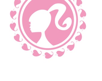 May include: A pink circle with a white silhouette of a woman's head and shoulders with a ponytail. The circle is surrounded by a ring of pink hearts.