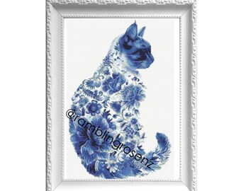 花柄猫シルエット：青 - クロスステッチチャート - Etsy 日本