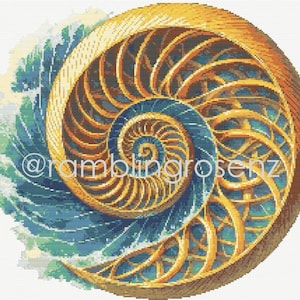 May include: A cross-stitch design of a nautilus shell in shades of gold, blue, and brown. The shell's spiral is the focal point, with a wave-like pattern on the left. The text "@ramblingrosenz" is visible.