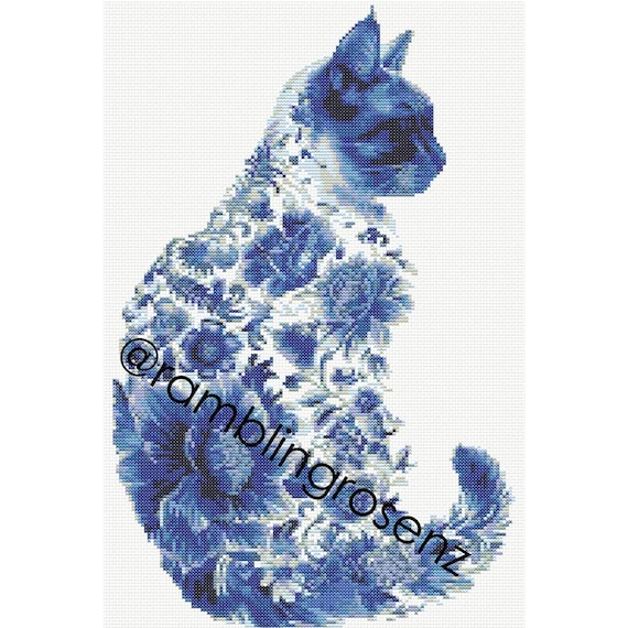 花柄猫シルエット：青 - クロスステッチチャート - Etsy 日本