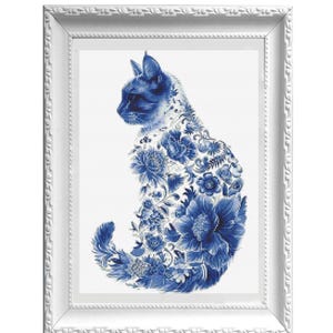 Floral Cat Silhouette - Blue (Counted Cross Stitch chart)