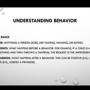 May include: A white background with black text explaining the basics of behaviour. The text includes the terms "behaviour", "antecedents", and "consequences".