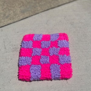 Pink Retro Checkered Oversize Decor Coaster, Decor Coaster, Punch Needle Coaster, Desk Coaster, Patio Coaster, Checkered Coaster