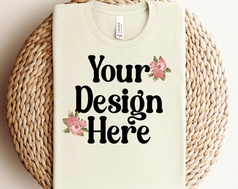 Bella Canvas 3001 Folded Mockup, White Boho Flat Lay T-shirt Mock-up, Bella and Canvas Folded T-shirt for Print on Demand Design