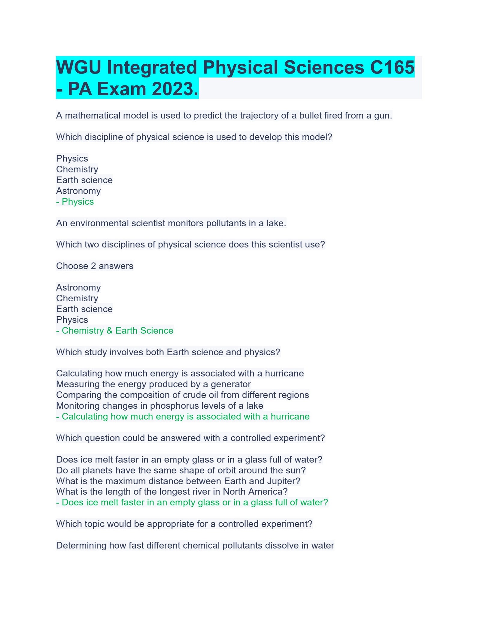 Wgu integrated physical sciences c165 pa exam 2023 etsy