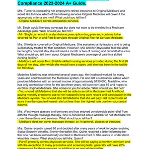 May include: A document with the title "AHIP Modules 1-5, Nondiscrimination, FWA, Compliance 2023-2024 A+ Guide."  The document contains information about Original Medicare coverage for various services, including ambulance services, prescription drug plans, skilled nursing care, and more.