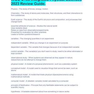 Pode incluir: Um folheto preto e branco com o título "WGU C165 Integrated Physical Sciences 2023 Review Guide." O folheto lista definições de termos e conceitos científicos, incluindo física, química, ciências da Terra, variáveis e modelos.