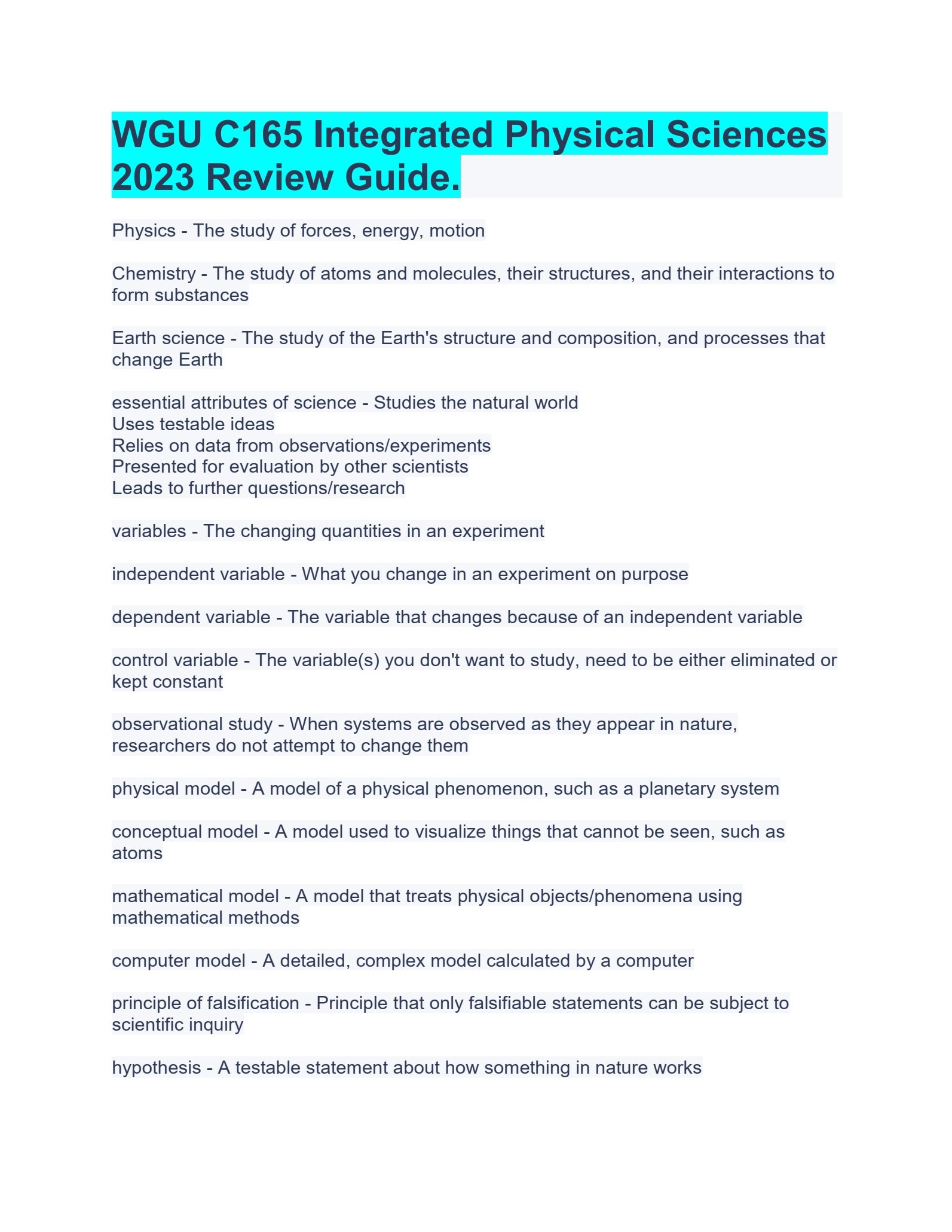 Wgu C165 Integrated Physical Sciences 2023 Review Guide Etsy