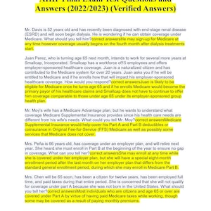 Op de afbeelding: Een document getiteld "AHIP Final Exam Test Questions and Answers (2022/2023) (Verified Answers)". De tekst bespreekt Medicare-dekking, inclusief geschiktheid, inschrijving en aanvullende verzekering, met scenario's en antwoorden.