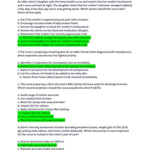 May include: A white paper with multiple-choice questions and answers related to nursing care. The text includes questions about patient assessment, home health, and medication. The title reads: EXIT HESI 2022 Answered Already Graded A.