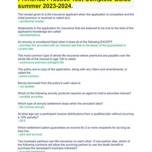 May include: A black and white text document with the title "Primerica Practice Test Complete Guide summer 2023-2024." The document contains a list of questions and answers about life insurance.