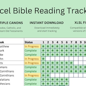 May include: A green and white Excel spreadsheet with the title "Excel Bible Reading Tracker". The spreadsheet has columns for "Book", "Status", and numbers 1 through 11. The spreadsheet is used to track Bible reading progress.