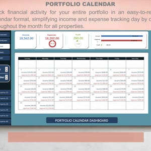 May include: A digital portfolio calendar dashboard interface for September 2024. The layout features a sidebar with navigation tabs, a top summary section displaying income, expenses, and profit, and a central grid calendar showing daily financial data.