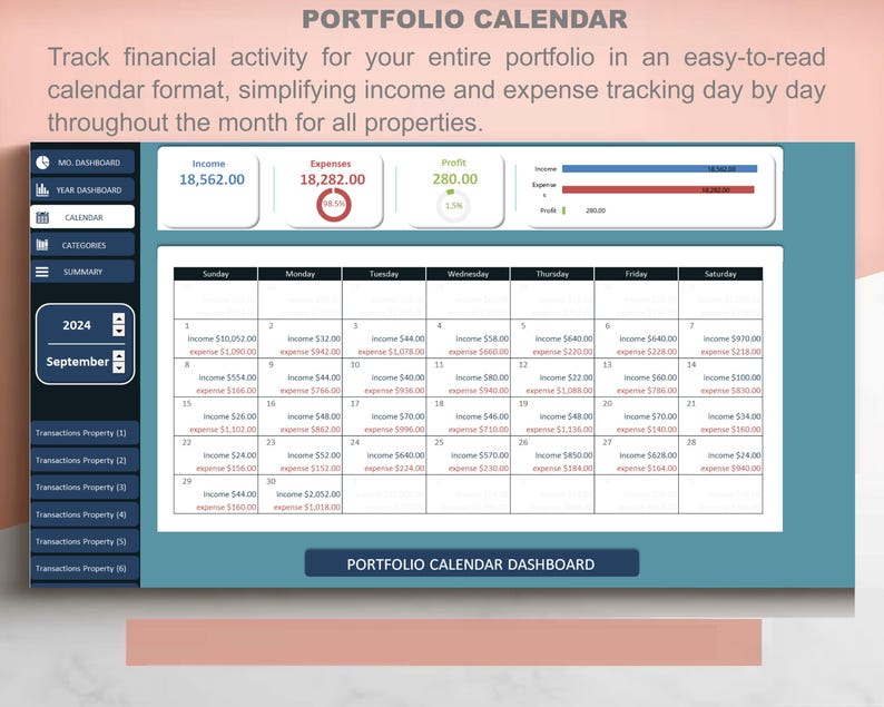 May include: A digital portfolio calendar dashboard interface for September 2024. The layout features a sidebar with navigation tabs, a top summary section displaying income, expenses, and profit, and a central grid calendar showing daily financial data.