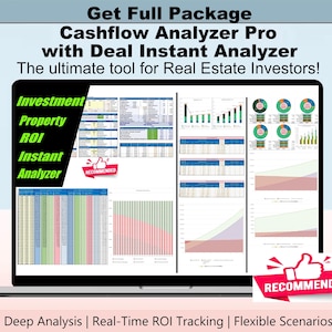 May include: A laptop screen displaying the Cashflow Analyzer Pro with Deal Instant Analyzer software. The interface features spreadsheets, pie charts, and trend graphs for real estate investment analysis, including a red recommended badge.