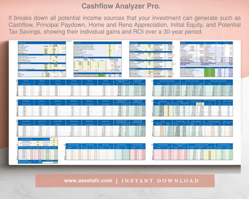 May include: A spreadsheet titled "Cashflow Analyzer Pro."  The spreadsheet breaks down potential income sources from an investment over a 30-year period.  The spreadsheet includes sections for cashflow, principal paydown, home and renovation appreciation, initial equity, and potential tax savings.
