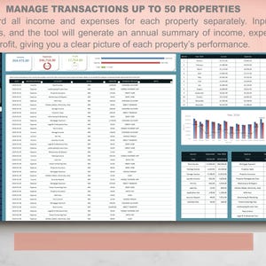 May include: A digital property management spreadsheet interface featuring a transaction log, monthly income and expense tables, and a bar chart for 2024. The dashboard includes navigation menus, property selection lists, and summary metrics for income, expenses, and profit.