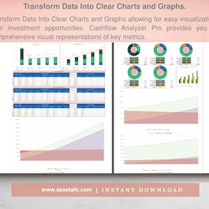 May include: A document with the title "Transform Data Into Clear Charts and Graphs." The document shows various charts and graphs, including bar charts, pie charts, and line graphs. The document also includes the text "Cashflow Analyzer Pro" and "www.assetafc.com | INSTANT DOWNLOAD".