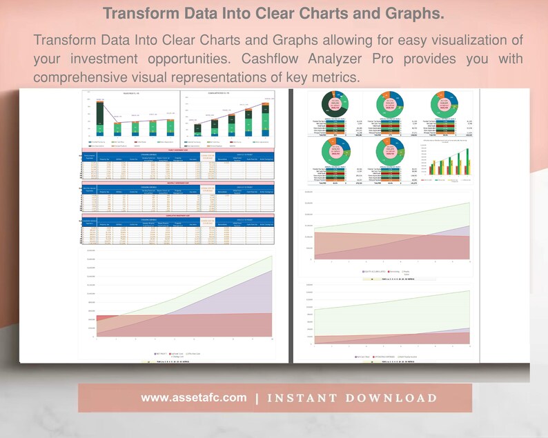 May include: A document with the title "Transform Data Into Clear Charts and Graphs." The document shows various charts and graphs, including bar charts, pie charts, and line graphs. The document also includes the text "Cashflow Analyzer Pro" and "www.assetafc.com | INSTANT DOWNLOAD".