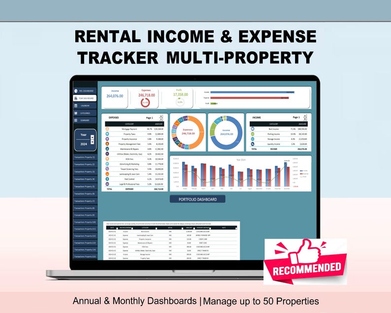 May include: A laptop screen displaying a Rental Income & Expense Tracker Multi-Property dashboard with financial data, charts, and tables. The interface includes a Portfolio Dashboard, annual and monthly views, and a red Recommended badge with a thumbs-up icon.