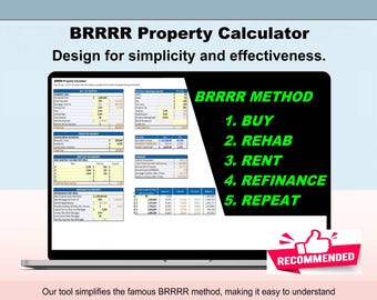 BRRRR Method (Buy, Rehab, Rent, Refinance, Repeat) Property Investment Calculator: Simplify Your Real Estate Returns. Excel and Google Sheet