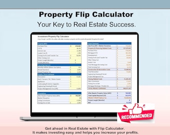 Property Flip Calculator - Rehab Cost Profit and ROI Spreadsheet Excel Google Sheets