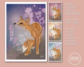 Dear Fox & Daisy "The Fox" A5 Digital Artprint Set | 4 color versions PDF + JPG | Digital Download | Print | Digital Illustration | Drawing
