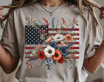 American Flag Floral PNG: Patriotic Sublimation Design (Digital Download