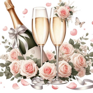 10 aquarel bloemen champagne en glazen clipart-hoge kwaliteit PNG voor bruiloft papier ambachten en digitale scrapbooking