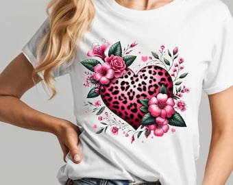 May include: White t-shirt with a pink leopard print heart surrounded by pink flowers.