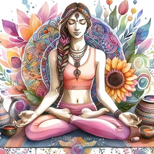 Paquete de imágenes prediseñadas de acuarela de yoga - 5 imágenes de meditación PNG / Gráficos de ejercicio consciente / Descarga digital instantánea Fondo transparente