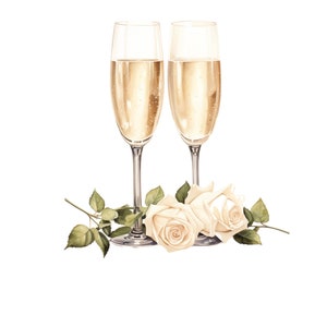 8 clipart de taças de champanhe floral em aquarela - PNGs de alta qualidade para artesanato em papel de casamento e scrapbooking digital, fundo transparente
