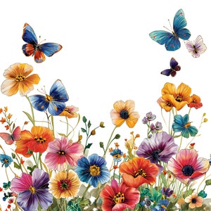 9 野生の花と蝶、花壇のクリップアート、野生の花の水彩画のクリップアート、PNG デジタル ダウンロード、ペーパー クラフト、ジャンク ジャーナル