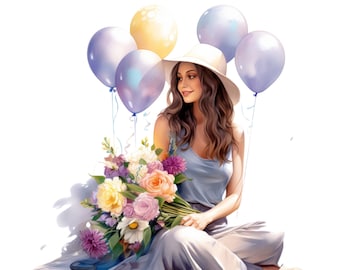 Watercolor Women Clipart: Ladies with Balloons & Flowers (Digital PNG Download)