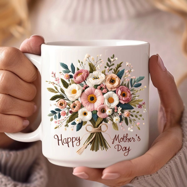 6 Mother's Day Embroidered flower PNG , Mother's Day mug, plant lover cup png, personalized mama gift, moms garden ,Transparent Background,
