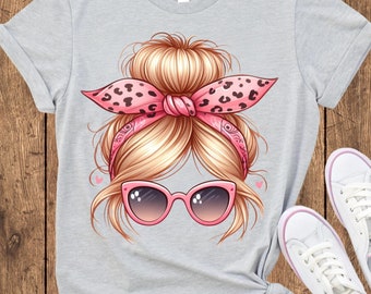 Blonde Messy Bun Woman Clipart: Pink Leopard Bow, Sunglasses (PNG Digital Download)