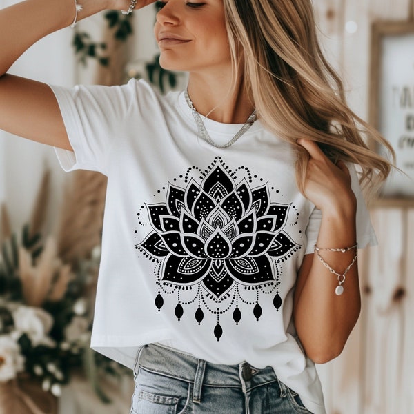 Black Lotus flower, Mandala Design - Namaste Bohemian Floral Print PNG, Spiritual Shirt Meditation transparent background, digital download