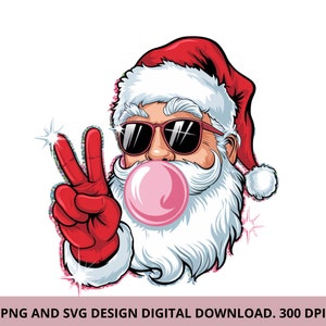 May include: A cartoon illustration of Santa Claus wearing sunglasses and blowing a pink bubble. He is giving the peace sign with his right hand. The background is white with sparkles.