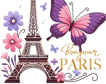 Bonjour Paris Eiffel Tower T-Shirt with Vintage Roses & Purple Butterfly - Paris Flowers PNG, Digital Download, transparent background