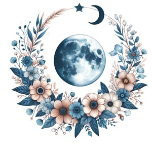 7 Boho Floral Frame Clipart - Diseño redondo de luna azul ideal para bodas PNG, descarga digital fondo transparente