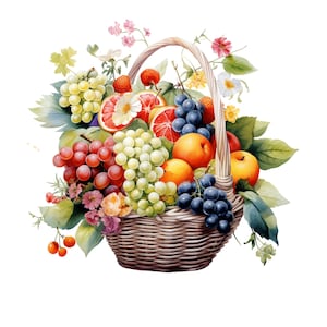 Aquarell Obstkorb Clipart - 8 hochwertige PNG-Bilder, transparenter Hintergrund, perfekt für die Kartenherstellung & Basteln, digitaler Download