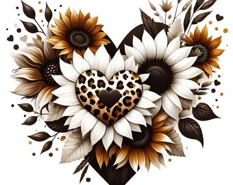 Leopard nature hearts and sunflowers print design, flower heart PNG, transparent background, sublimation graphic design