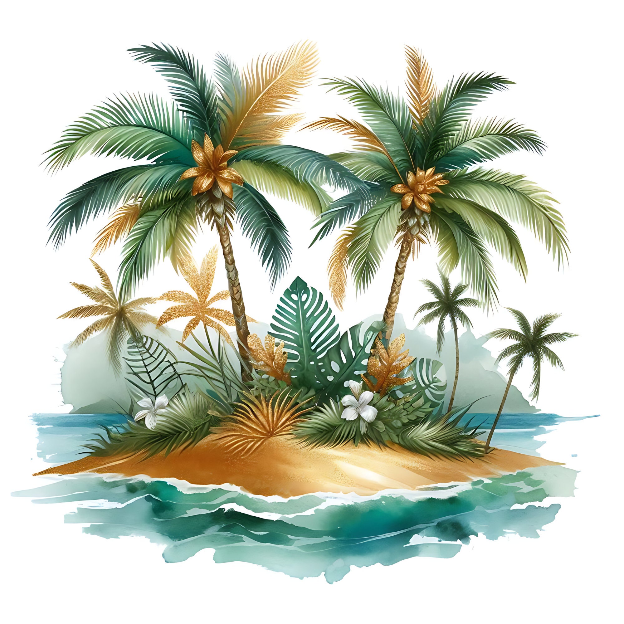 Watercolor Palm Trees Clipart: Tropical Island Glitter PNG (digital  Download) - Etsy, image size:2000x2000