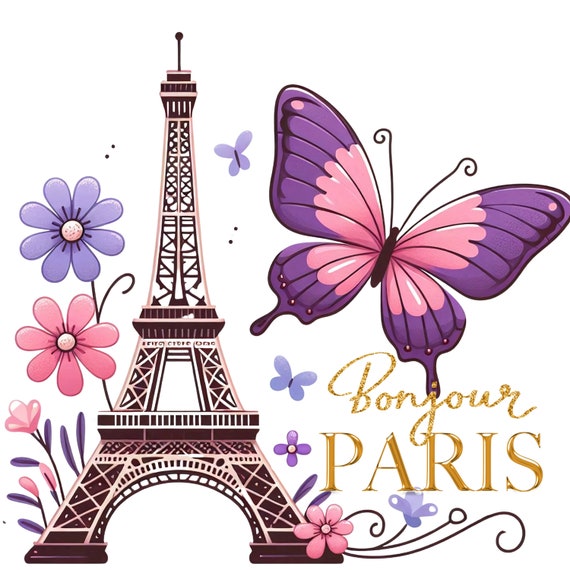 Eiffel Tower Paris Flowers PNG: Vintage Butterfly Design (Digital Download)