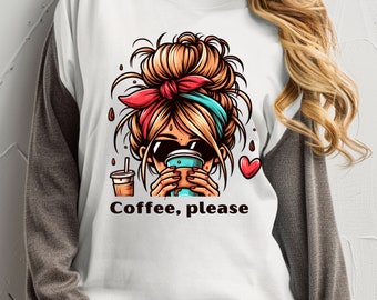 Moño desordenado para amantes del café PNG: Diseño de sublimación occidental (descarga digital)