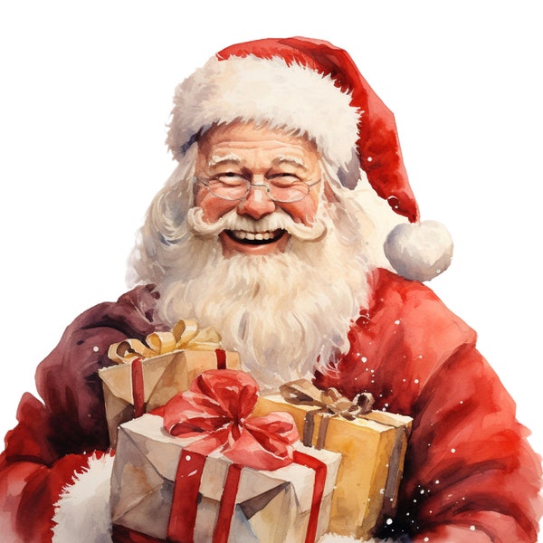 Smiling Santa Claus Carrying Gifts - Festive Christmas Illustration, Santa Claus Watercolor Image, DIGITAL JPG Image,White background